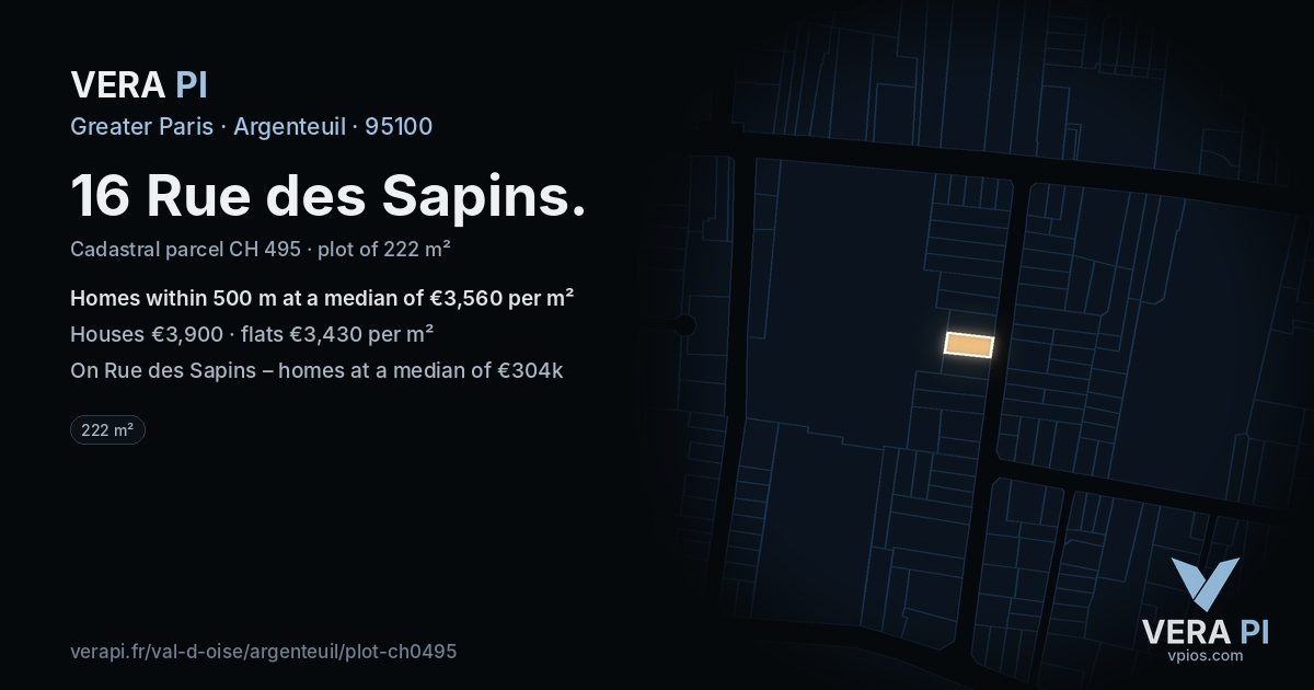 16 Rue des Sapins, Argenteuil at night – the plot lit, the parcels around coloured by the prices near them
