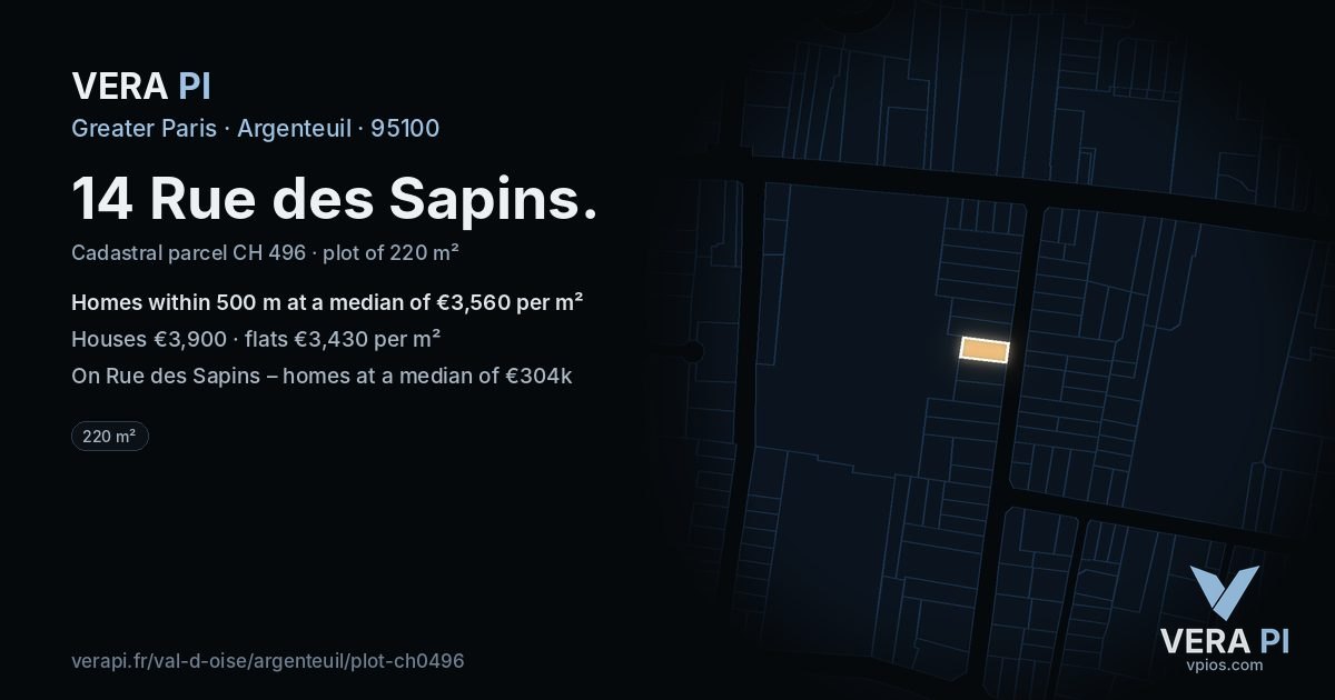 14 Rue des Sapins, Argenteuil at night – the plot lit, the parcels around coloured by the prices near them