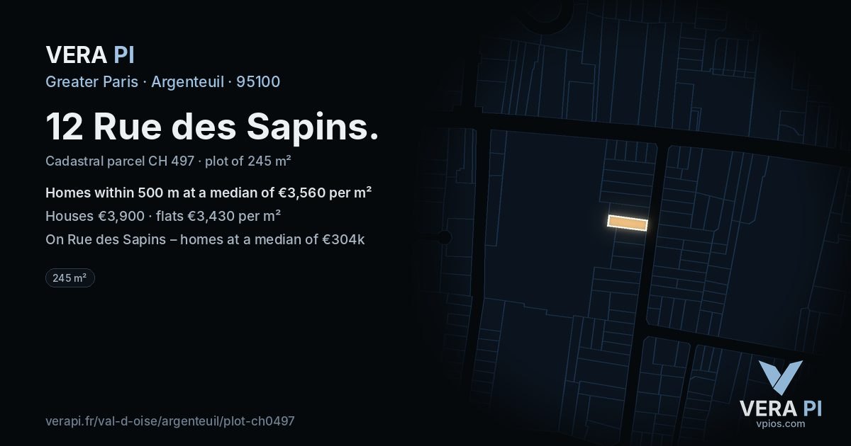12 Rue des Sapins, Argenteuil at night – the plot lit, the parcels around coloured by the prices near them