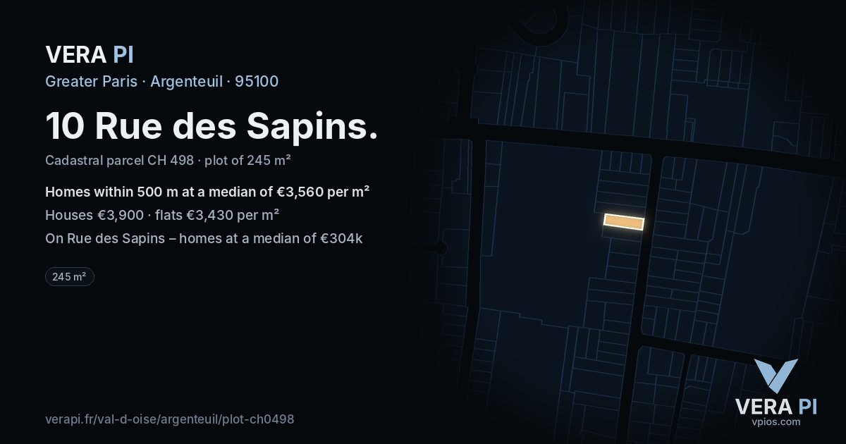10 Rue des Sapins, Argenteuil at night – the plot lit, the parcels around coloured by the prices near them