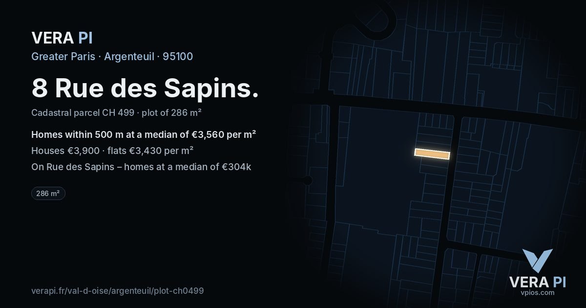 8 Rue des Sapins, Argenteuil at night – the plot lit, the parcels around coloured by the prices near them