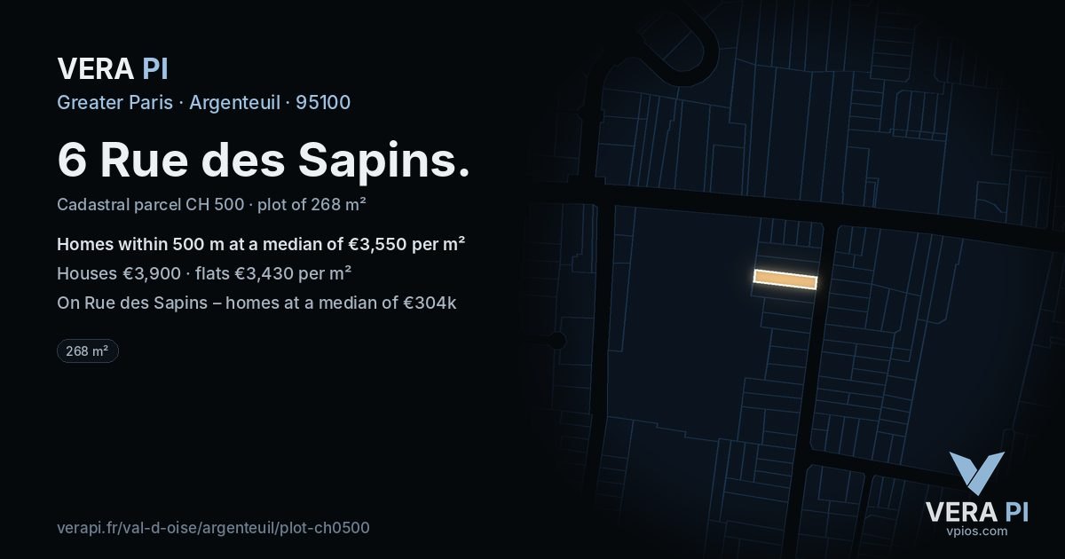 6 Rue des Sapins, Argenteuil at night – the plot lit, the parcels around coloured by the prices near them