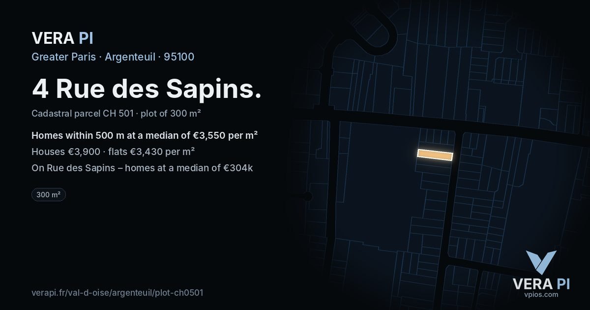 4 Rue des Sapins, Argenteuil at night – the plot lit, the parcels around coloured by the prices near them