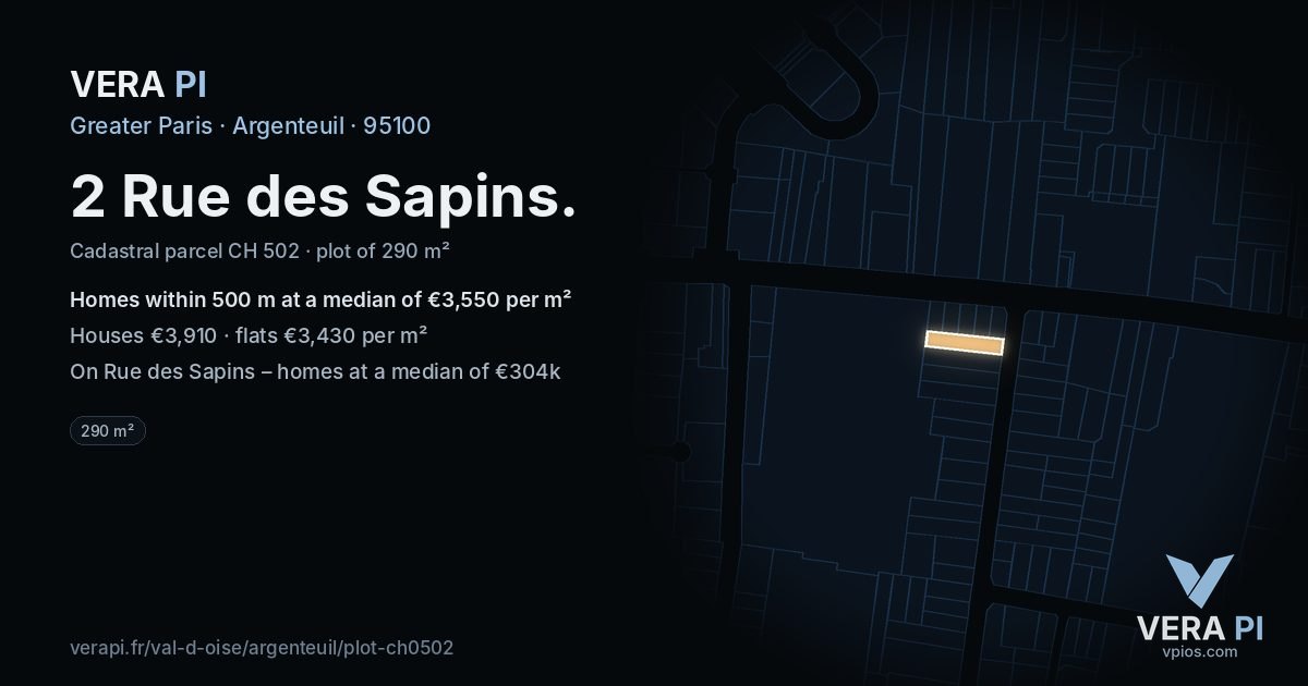 2 Rue des Sapins, Argenteuil at night – the plot lit, the parcels around coloured by the prices near them