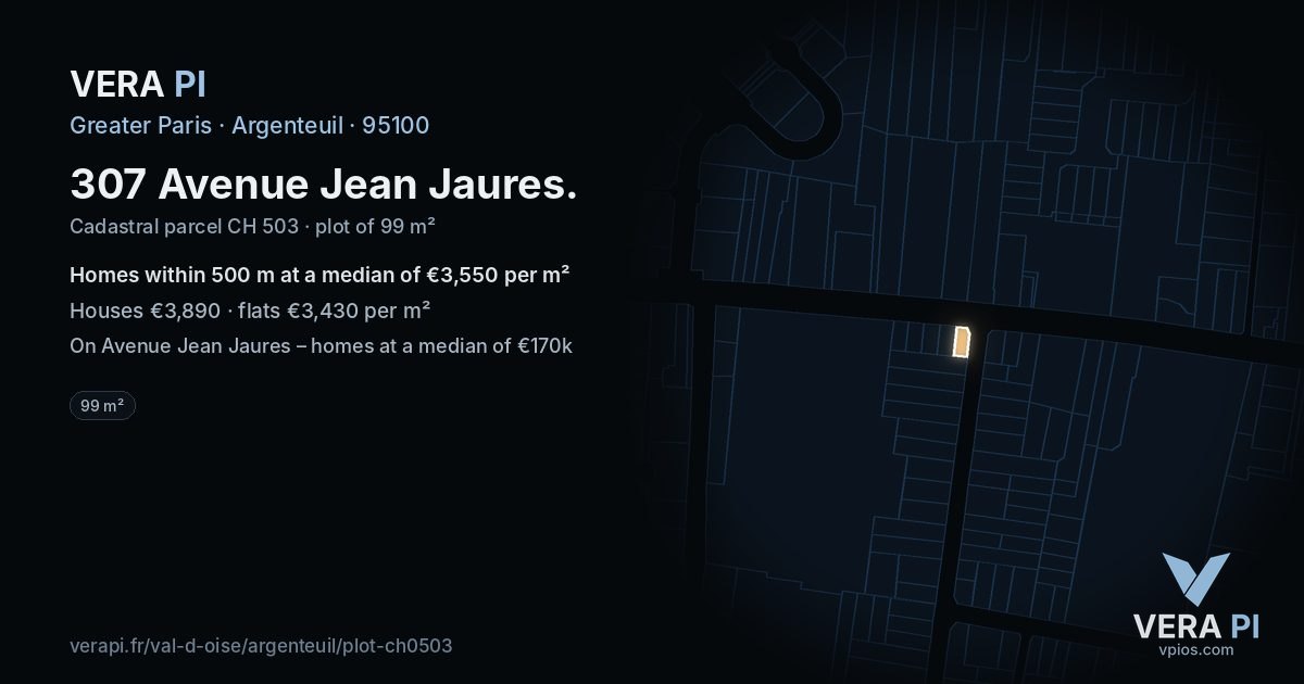 307 Avenue Jean Jaures, Argenteuil at night – the plot lit, the parcels around coloured by the prices near them