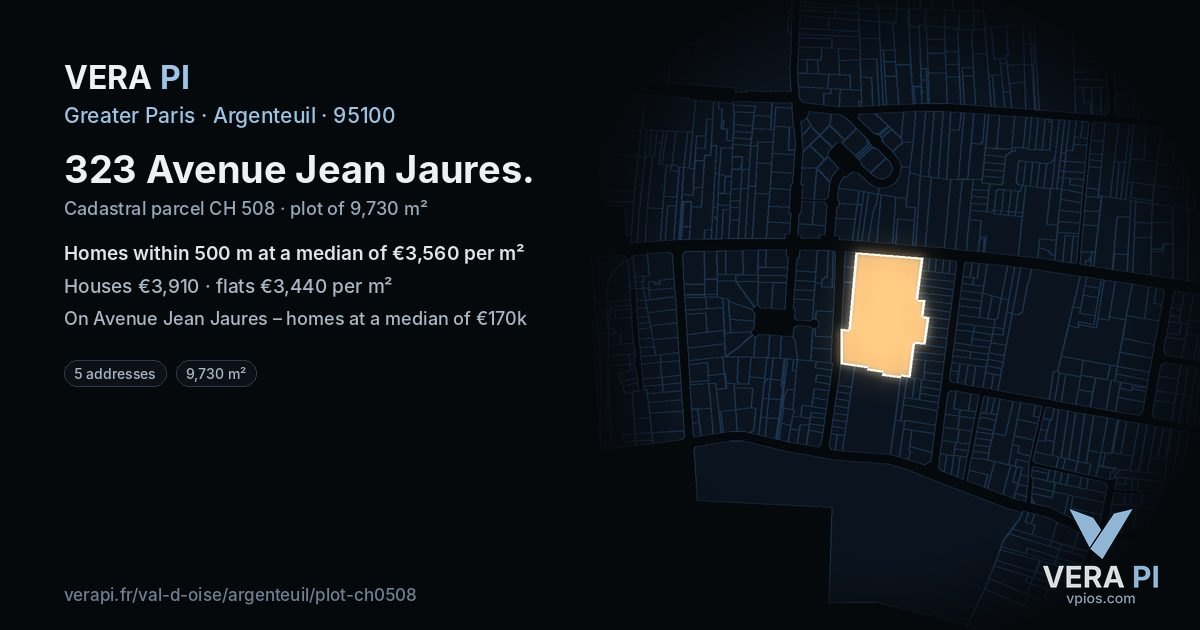 323 Avenue Jean Jaures, Argenteuil at night – the plot lit, the parcels around coloured by the prices near them