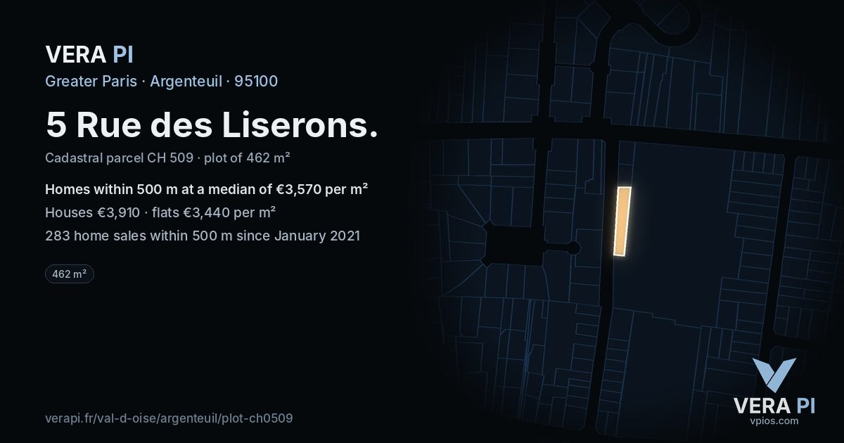 5 Rue des Liserons, Argenteuil at night – the plot lit, the parcels around coloured by the prices near them