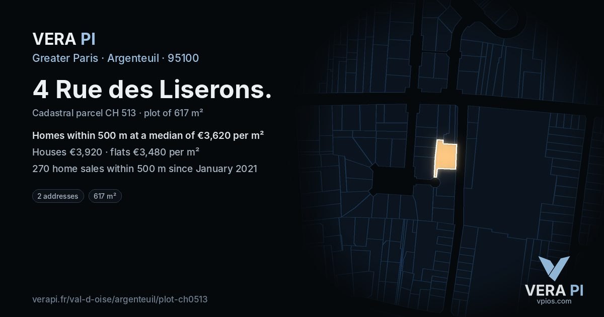 4 Rue des Liserons, Argenteuil at night – the plot lit, the parcels around coloured by the prices near them
