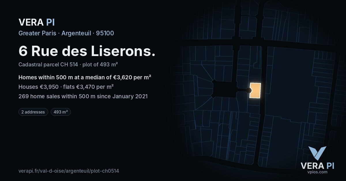 6 Rue des Liserons, Argenteuil at night – the plot lit, the parcels around coloured by the prices near them