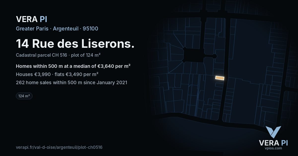 14 Rue des Liserons, Argenteuil at night – the plot lit, the parcels around coloured by the prices near them