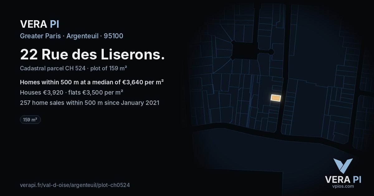 22 Rue des Liserons, Argenteuil at night – the plot lit, the parcels around coloured by the prices near them