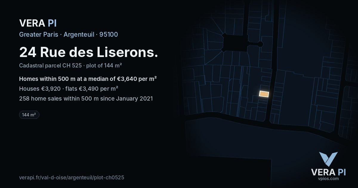 24 Rue des Liserons, Argenteuil at night – the plot lit, the parcels around coloured by the prices near them