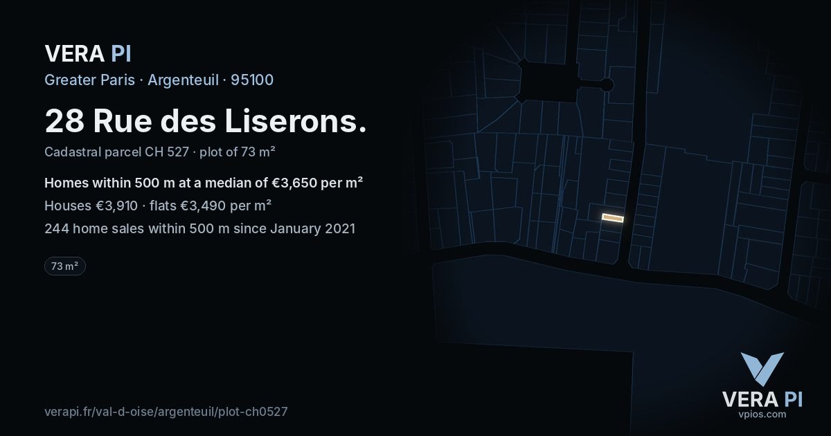 28 Rue des Liserons, Argenteuil at night – the plot lit, the parcels around coloured by the prices near them