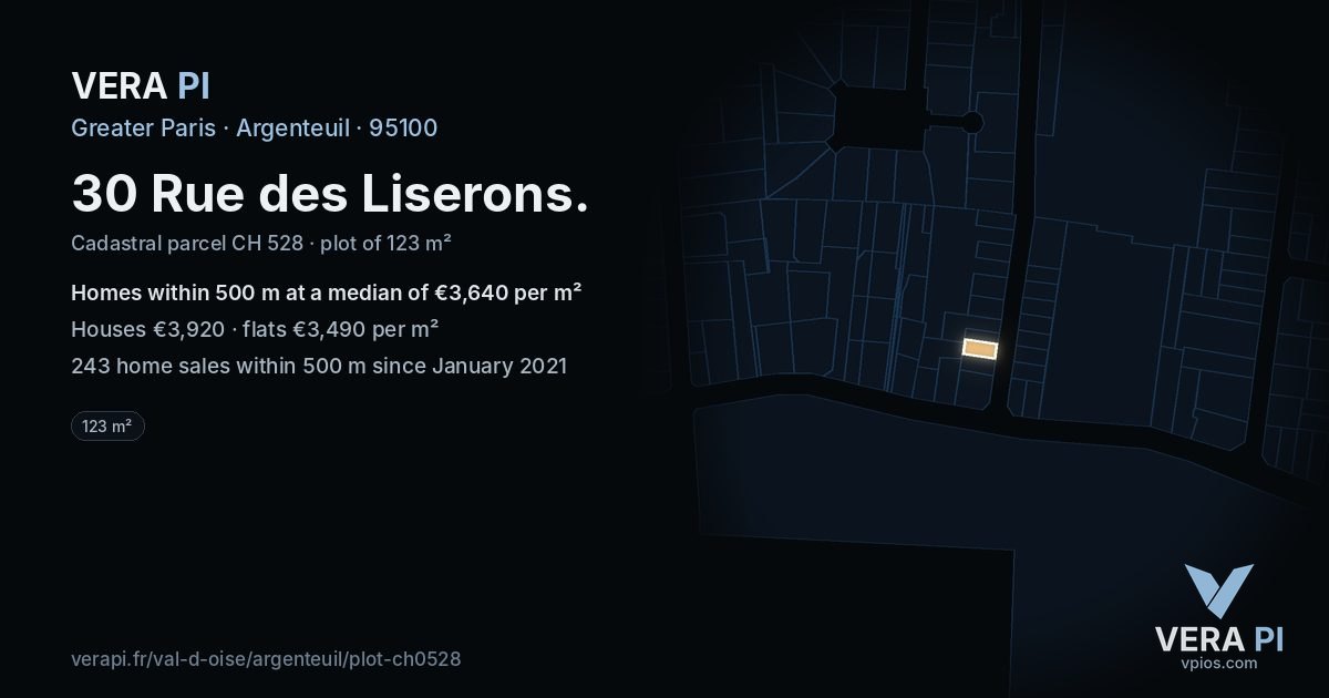 30 Rue des Liserons, Argenteuil at night – the plot lit, the parcels around coloured by the prices near them