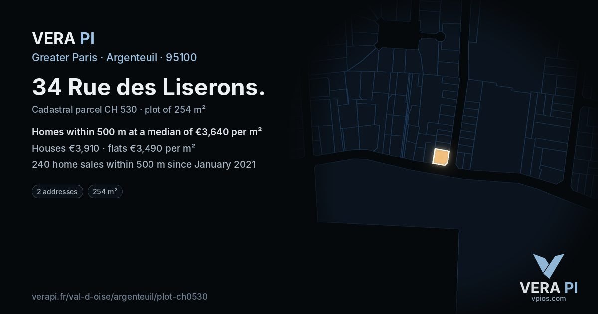 34 Rue des Liserons, Argenteuil at night – the plot lit, the parcels around coloured by the prices near them