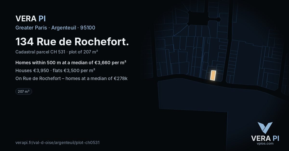 134 Rue de Rochefort, Argenteuil at night – the plot lit, the parcels around coloured by the prices near them