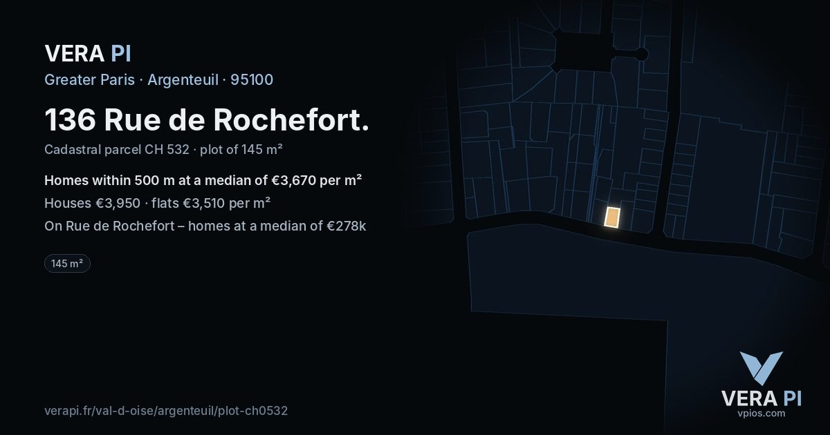 136 Rue de Rochefort, Argenteuil at night – the plot lit, the parcels around coloured by the prices near them
