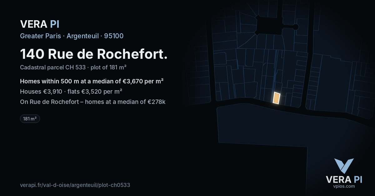 140 Rue de Rochefort, Argenteuil at night – the plot lit, the parcels around coloured by the prices near them