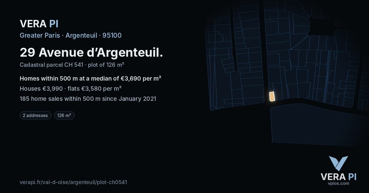 29 Avenue d’Argenteuil, Argenteuil at night – the plot lit, the parcels around coloured by the prices near them