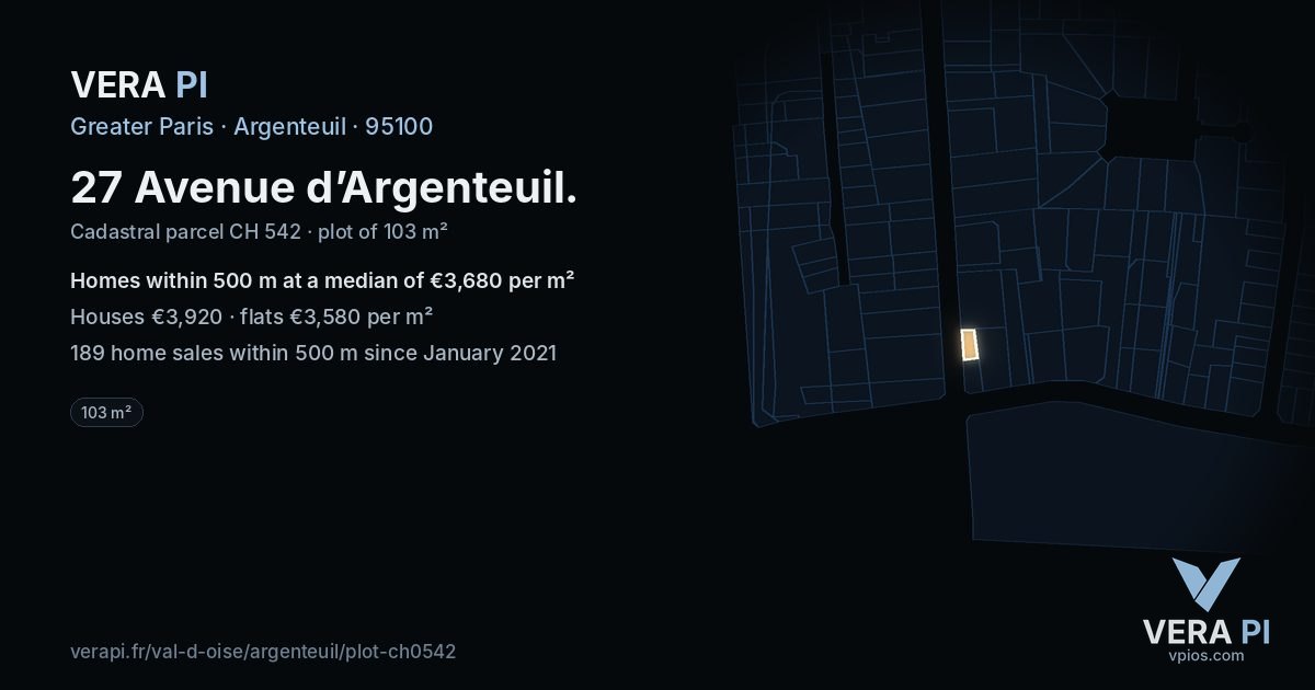 27 Avenue d’Argenteuil, Argenteuil at night – the plot lit, the parcels around coloured by the prices near them