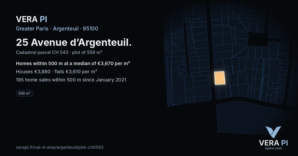 25 Avenue d’Argenteuil, Argenteuil at night – the plot lit, the parcels around coloured by the prices near them
