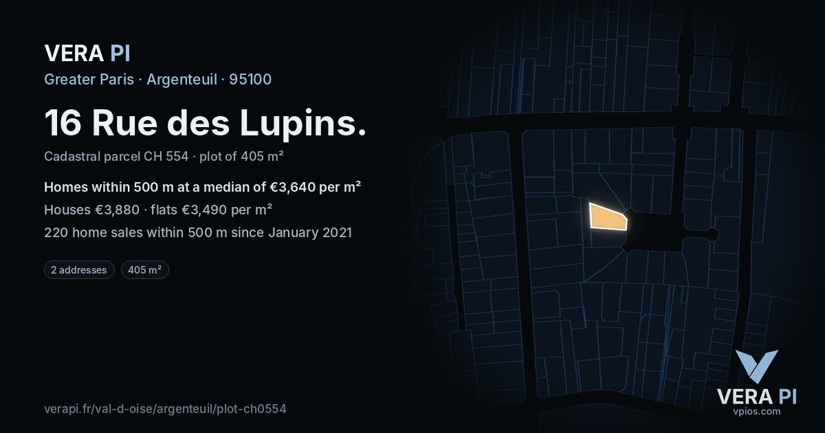 16 Rue des Lupins, Argenteuil at night – the plot lit, the parcels around coloured by the prices near them