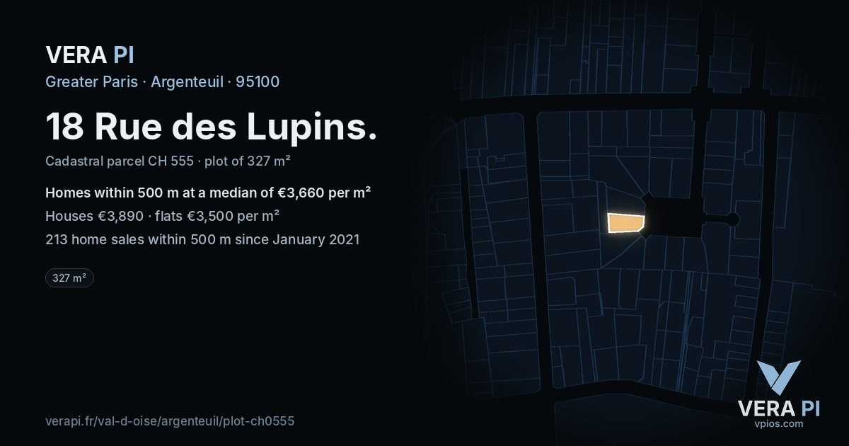 18 Rue des Lupins, Argenteuil at night – the plot lit, the parcels around coloured by the prices near them