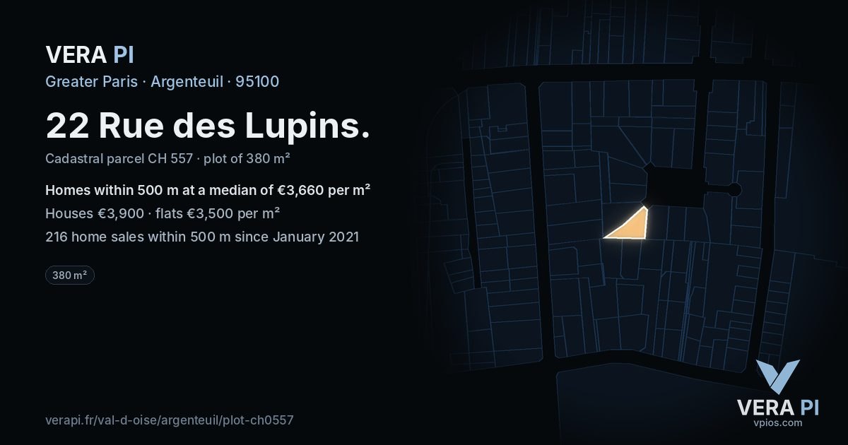 22 Rue des Lupins, Argenteuil at night – the plot lit, the parcels around coloured by the prices near them
