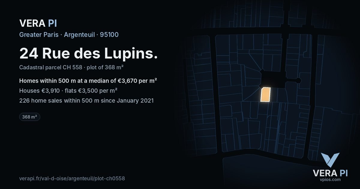 24 Rue des Lupins, Argenteuil at night – the plot lit, the parcels around coloured by the prices near them