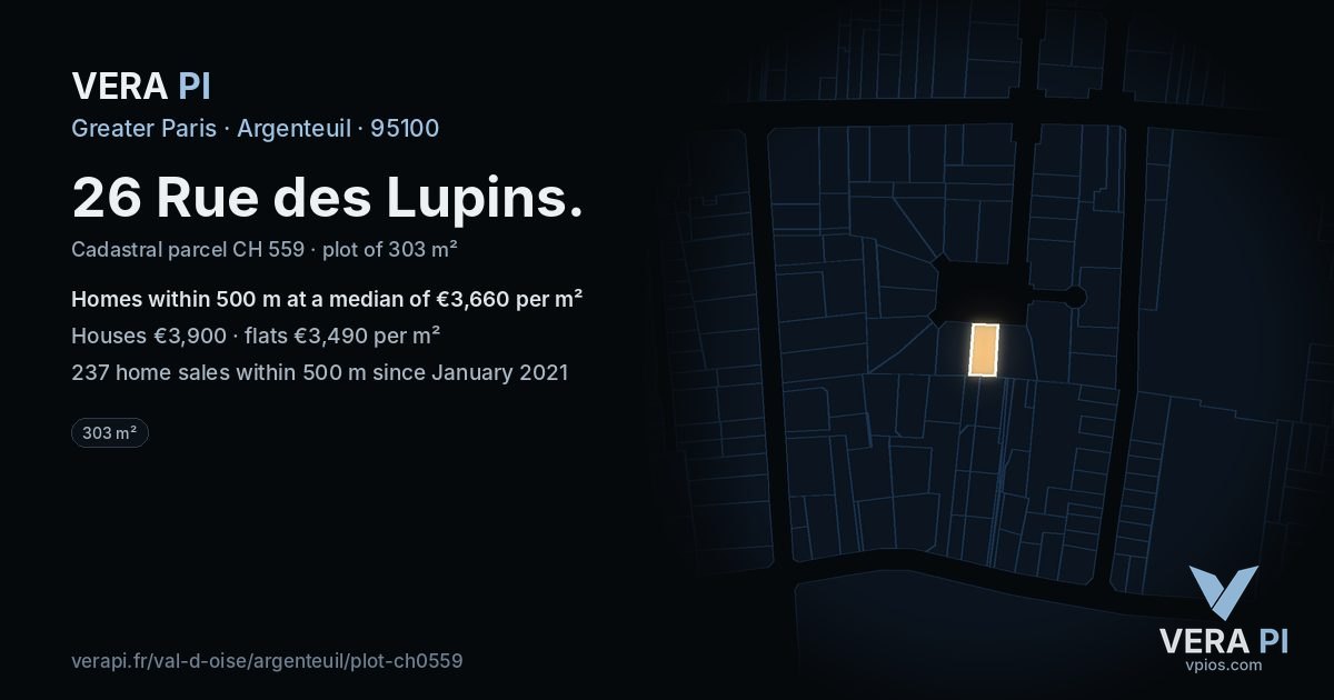 26 Rue des Lupins, Argenteuil at night – the plot lit, the parcels around coloured by the prices near them