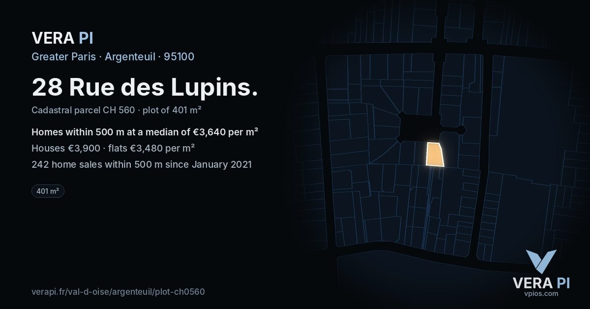 28 Rue des Lupins, Argenteuil at night – the plot lit, the parcels around coloured by the prices near them