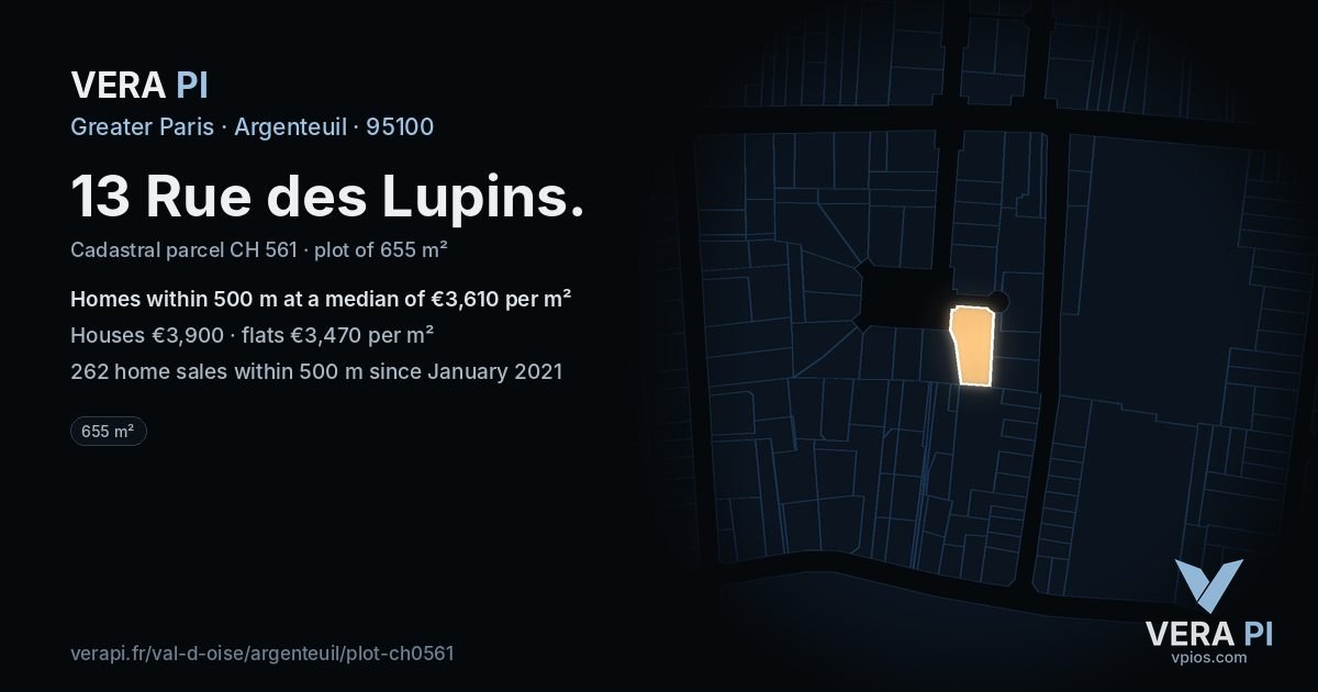 13 Rue des Lupins, Argenteuil at night – the plot lit, the parcels around coloured by the prices near them