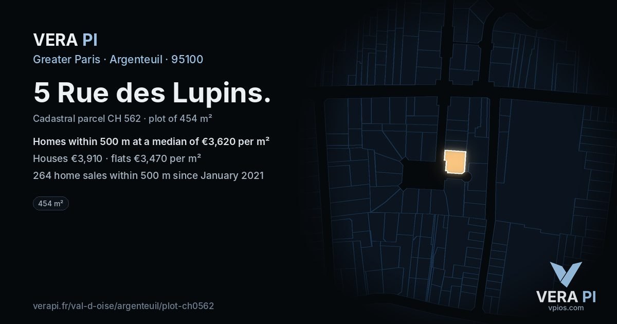5 Rue des Lupins, Argenteuil at night – the plot lit, the parcels around coloured by the prices near them