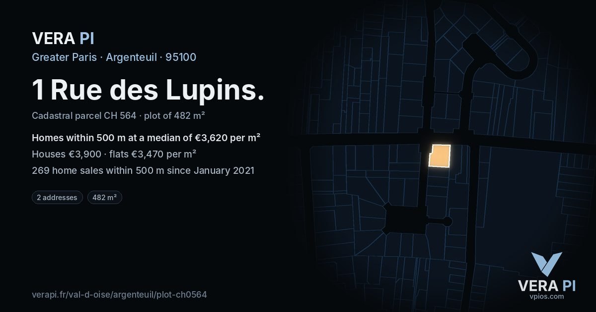 1 Rue des Lupins, Argenteuil at night – the plot lit, the parcels around coloured by the prices near them