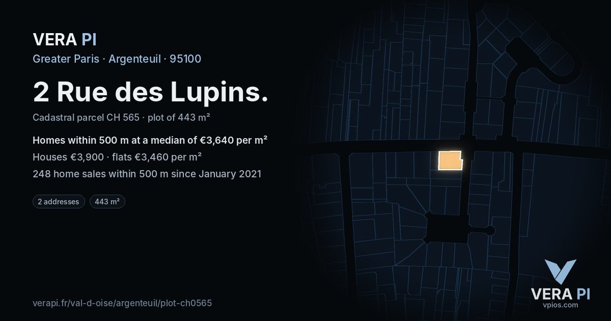2 Rue des Lupins, Argenteuil at night – the plot lit, the parcels around coloured by the prices near them