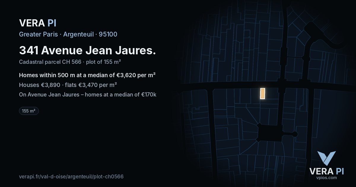 341 Avenue Jean Jaures, Argenteuil at night – the plot lit, the parcels around coloured by the prices near them