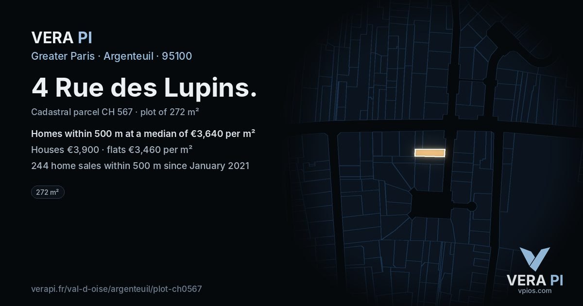 4 Rue des Lupins, Argenteuil at night – the plot lit, the parcels around coloured by the prices near them