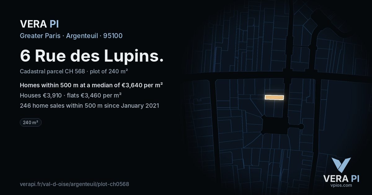 6 Rue des Lupins, Argenteuil at night – the plot lit, the parcels around coloured by the prices near them