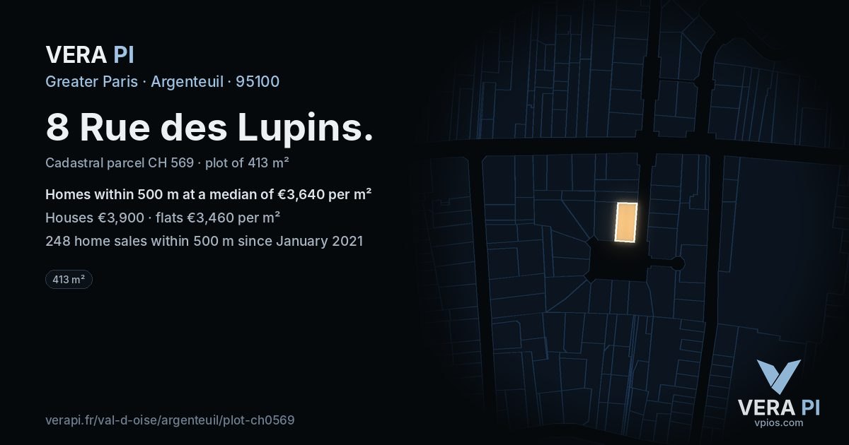 8 Rue des Lupins, Argenteuil at night – the plot lit, the parcels around coloured by the prices near them
