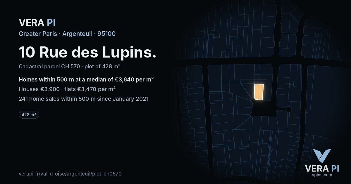 10 Rue des Lupins, Argenteuil at night – the plot lit, the parcels around coloured by the prices near them