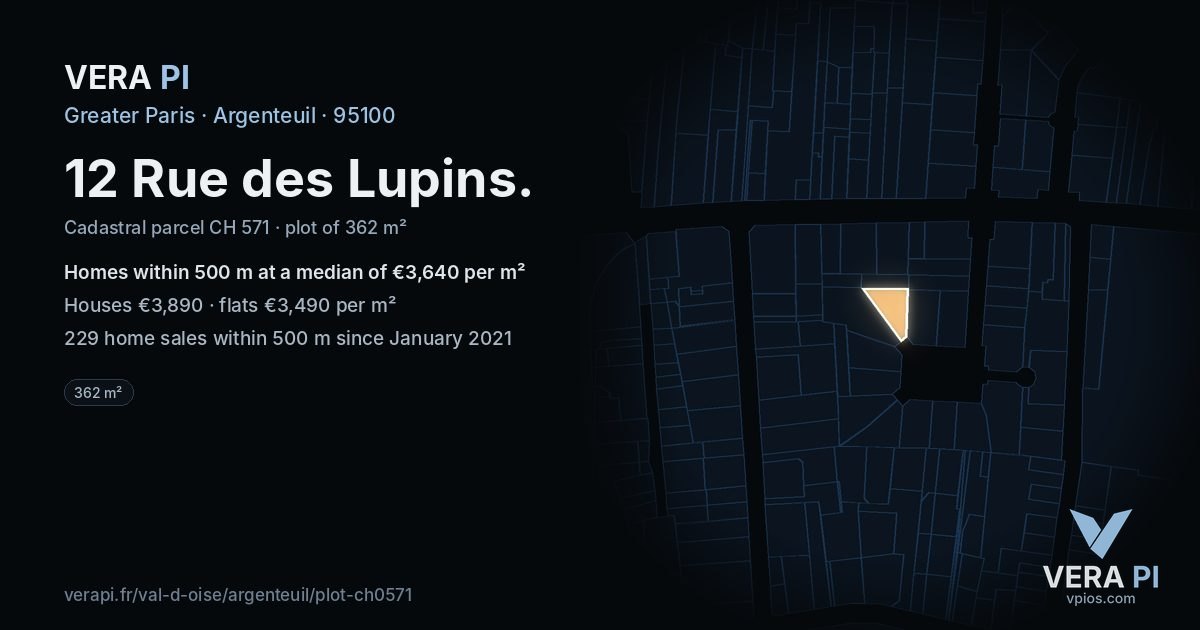 12 Rue des Lupins, Argenteuil at night – the plot lit, the parcels around coloured by the prices near them