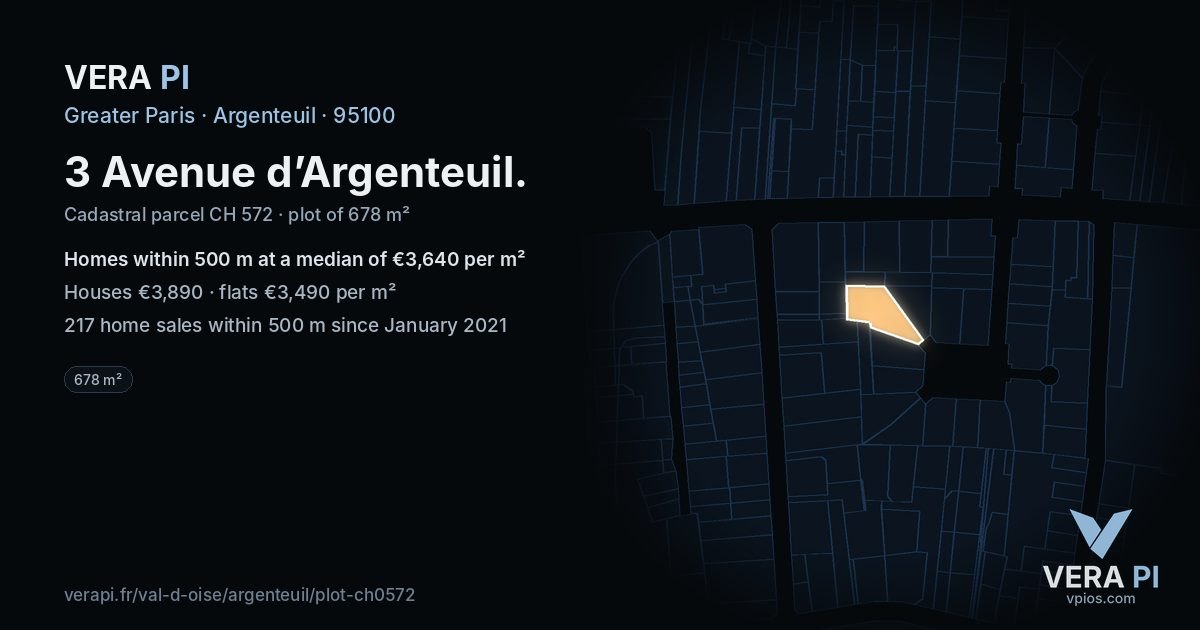 3 Avenue d’Argenteuil, Argenteuil at night – the plot lit, the parcels around coloured by the prices near them