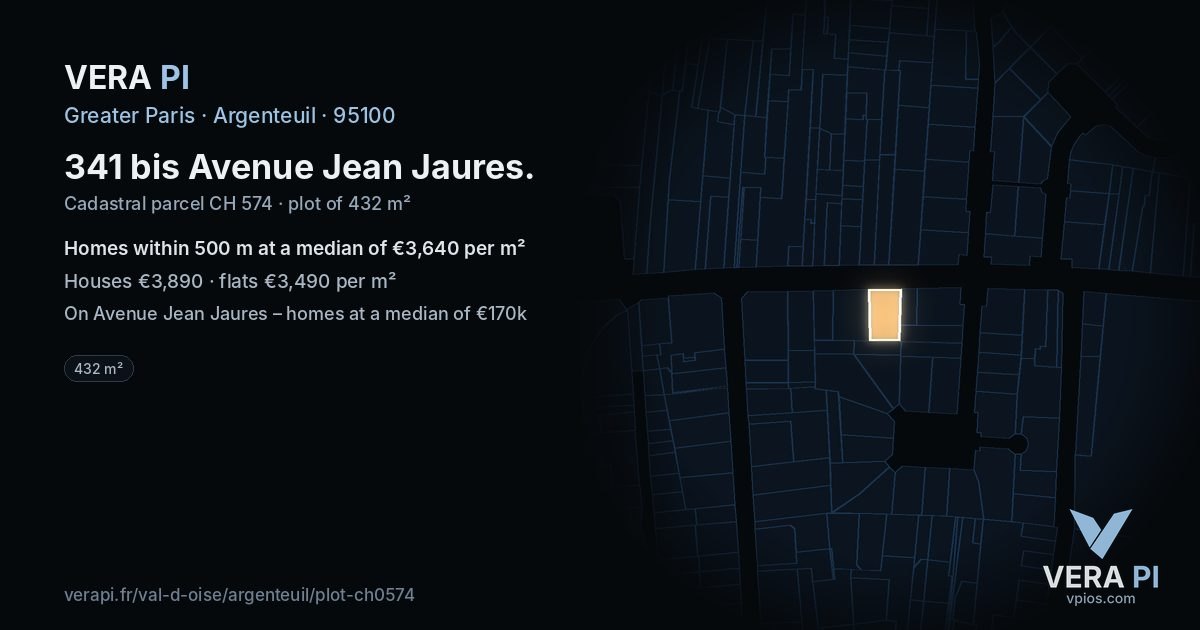 341 bis Avenue Jean Jaures, Argenteuil at night – the plot lit, the parcels around coloured by the prices near them