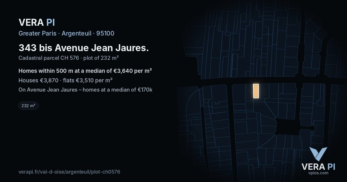 343 bis Avenue Jean Jaures, Argenteuil at night – the plot lit, the parcels around coloured by the prices near them