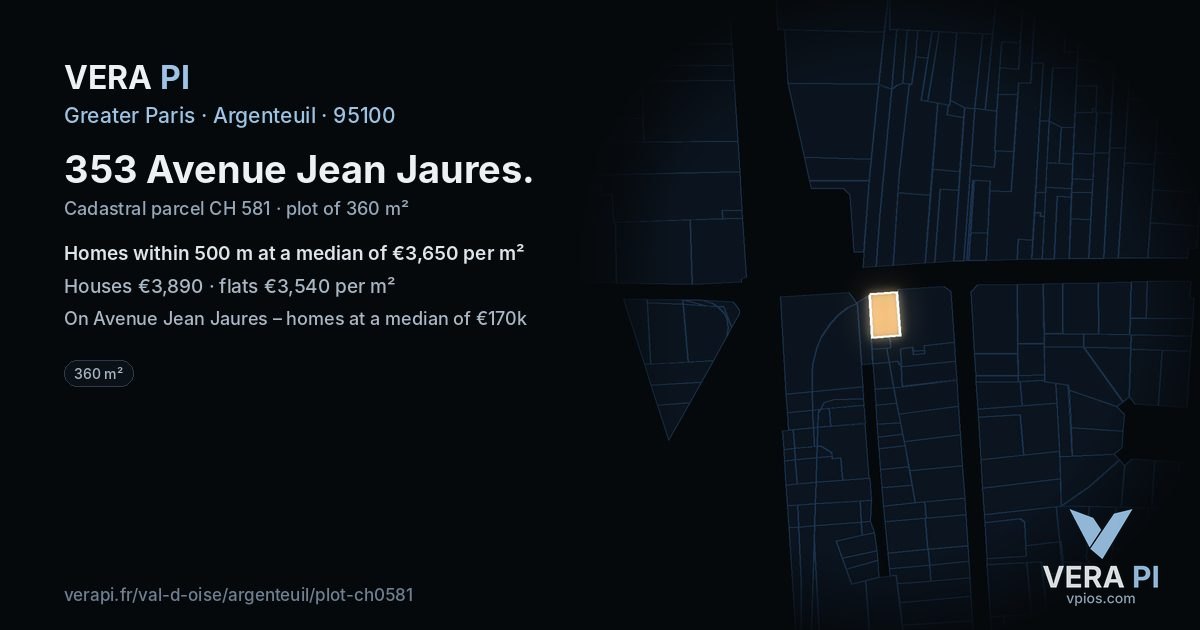353 Avenue Jean Jaures, Argenteuil at night – the plot lit, the parcels around coloured by the prices near them