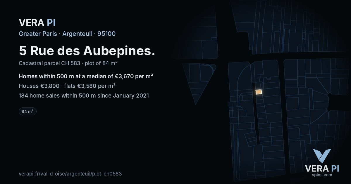 5 Rue des Aubepines, Argenteuil at night – the plot lit, the parcels around coloured by the prices near them