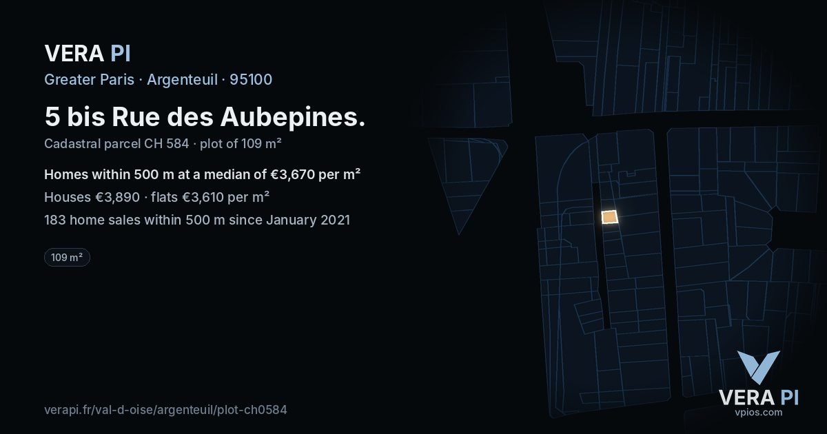 5 bis Rue des Aubepines, Argenteuil at night – the plot lit, the parcels around coloured by the prices near them