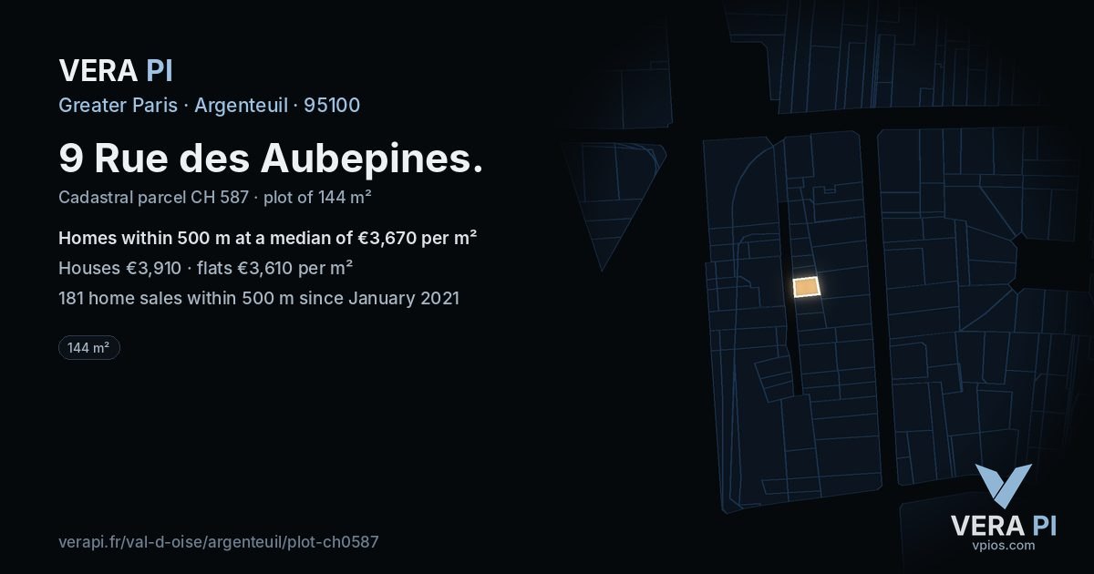 9 Rue des Aubepines, Argenteuil at night – the plot lit, the parcels around coloured by the prices near them