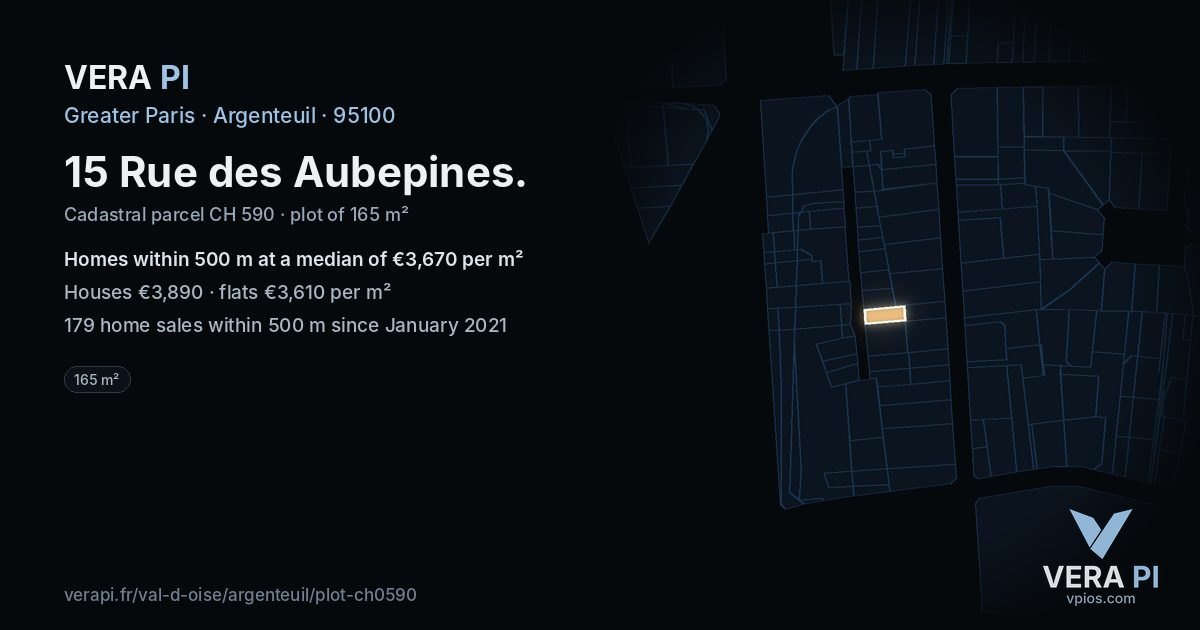 15 Rue des Aubepines, Argenteuil at night – the plot lit, the parcels around coloured by the prices near them