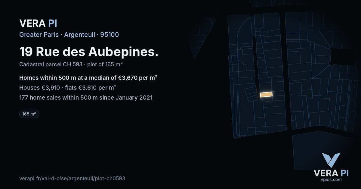 19 Rue des Aubepines, Argenteuil at night – the plot lit, the parcels around coloured by the prices near them
